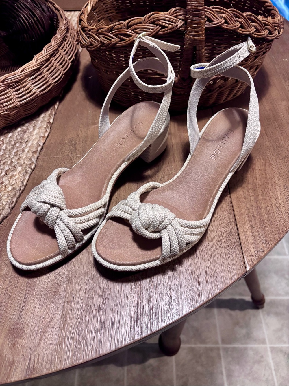 Rothy's Cream Knotted Rope Ankle-Strap Heels